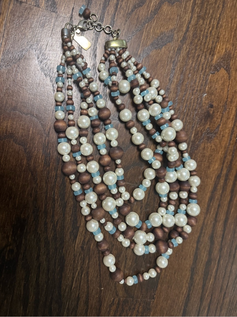 Vineyard Vines Multi-Strand Pearl, Wood & Light Blue Bead Necklace
